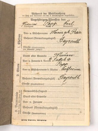 Bayern, Militärpaß , Diensteintritt am 23.6.15 bei Pionier Park Komp. 10. Frankreichfeldzug, Eisernes Kreuz 2. Klasse 1918. In defekter Hülle.
