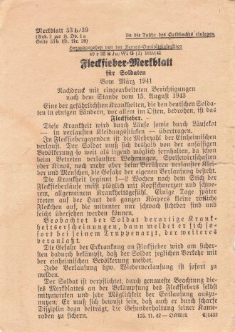 Merkblatt 53b/39 "Fleckfieber-Merkblatt für Soldaten" datiert 1941 für das Soldbuch zum einlegen, DIN A6