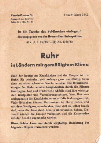 Vorschrift "Ruhr in Ländern mit gemäßigtem Klima" datiert 1942 für das Soldbuch zum einlegen, DIN A6