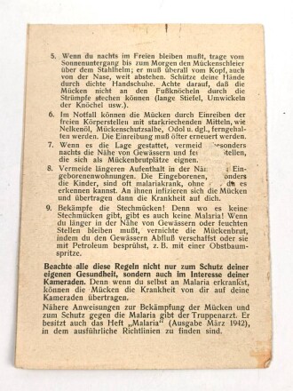 "Malaria-Merkblatt für Soldaten" datiert 1942, DIN A6, zum einlegen in das Soldbuch