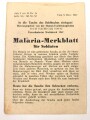 "Malaria-Merkblatt für Soldaten" datiert 1942, DIN A6, zum einlegen in das Soldbuch