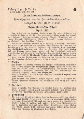 "Gesundheits-Merkblatt" datiert 1942, DIN A6,...