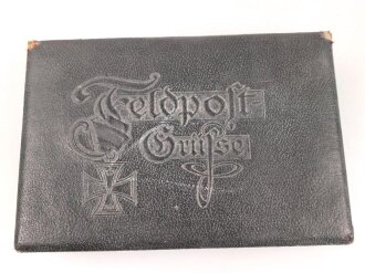 1. Weltkrieg, patriotische Aufbewahrungsschachtel "Feldpost Grüße" Maße 15 x 22 x 5,5cm