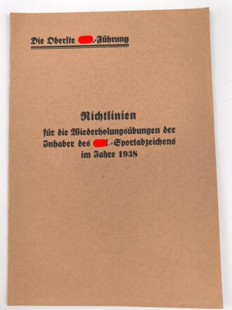Die Oberste SA-Führung, "Richtlinien für die Wiederholungsübungen der Inhaber des SA-Sportabzeichens im Jahre 1938 und Teilnehmerkarte, 12 Seiten, DIN A5, guter Zustand
