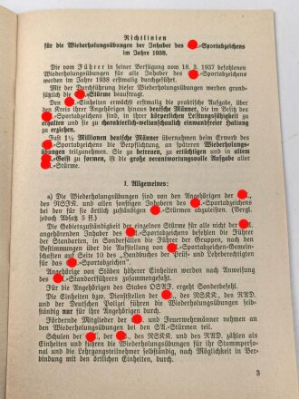 Die Oberste SA-Führung, "Richtlinien für die Wiederholungsübungen der Inhaber des SA-Sportabzeichens im Jahre 1938 und Teilnehmerkarte, 12 Seiten, DIN A5, guter Zustand