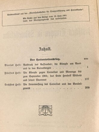 "Die Kämpfe der deutschen Truppen in Südwestafrika - Band 2 Der Hottentottenkrieg" datiert 1907, 390 Seiten plus Skizzen