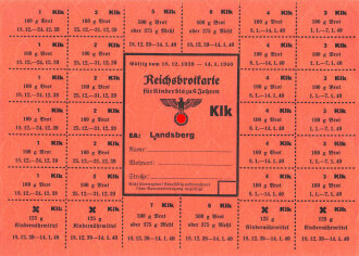 "Reichsbrotkarte" für Kinder bis zu 6 Jahre, der Stadt Landsberg, gültig vom 18.12 1939 bis 14.1.1940, DIN A5