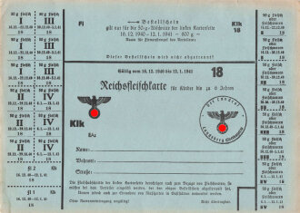 "Reichsfleischkarte" für Kinder bis zu 6 Jahre der Stadt Landsberg, gültig vom 16.12.1940 bis 12.1.1941, DIN A5