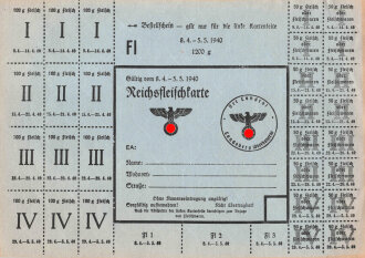 "Reichsfleischkarte" der Stadt Landsberg, gültig vom 8.4. bis 5.5.1940, DIN A5