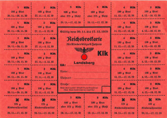"Reichsbrotkarte" für Kinder bis zu 6 Jahre, der Stadt Landsberg, gültig vom 20.11. bis 17.12.1939, DIN A5