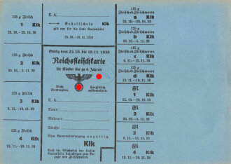 "Reichsfleischkarte" für Kinder bis zu 6 Jahre, der Gemeinde Utting, gültig vom 23.10. bis 19.11.1939, DIN A5