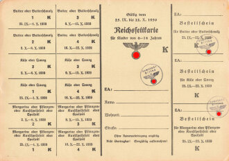 "Reichsfettkarte" für Kinder von 6 bis 14 Jahre, der Gemeinde Utting, gültig vom 25.IX.bis 22.X.1939, DIN A5