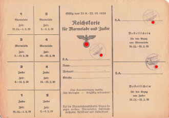 "Reichskarte für Marmelade und Zucker" der Gemeinde Utting, gültig vom 25.9. bis 22.10.1939, DIN A5