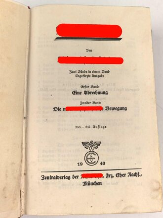 Adolf Hitler "Mein Kampf", Kriegs-Ausgabe, datiert 1940, Buchrücken löst sich etwas, Führerbildnis entfernt