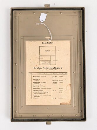 Gehäusedeckel zum Tornister Empfänger Berta der Wehrmacht. Neuzeitlich lackiert, der Beladeplan ist höchstwahrscheinlich neuzeitlich