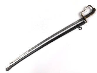 Bayern, Säbel für Infanterie Offiziere Modell 1855.  Scheide gereinigt und Original lackiert, die Klinge mit schwacher, doppelseitiger Ätzung leicht narbig.