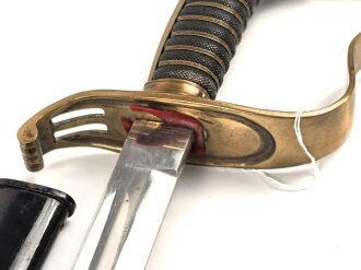 Bayern, Säbel für Infanterie Offiziere Modell 1855.  Scheide alt überlackiert, Klinge von WKC leicht angeschliffen. Doppelseitige Ätzung " In treue Fest"