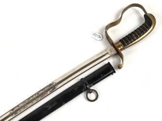 Bayern, Säbel für Infanterie Offiziere Modell 1855.  Scheide alt überlackiert, Klinge von WKC leicht angeschliffen. Doppelseitige Ätzung " In treue Fest"