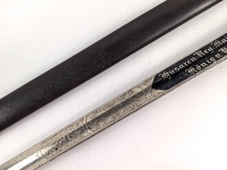 Preußen, Kavallerie Degen KD89 für einen Angehörigen im " Husaren Regiment No. 16"  Doppelseitig Geäzte Klinge, Klingenschraube anscheinend verkantet eingedreht, Griff wackelt