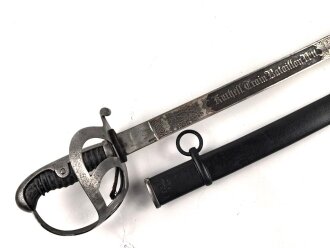 Preußen,  Kavallerie Säbel Modell 1852/ 79. Kammergestempeltes Stück mit beidseitiger Klingenätzung " Kurhess. Train Bataillon Nr.11" . Gefäß und Scheide gereinigt, leicht narbig, die Scheide neuzeitlich lackiert