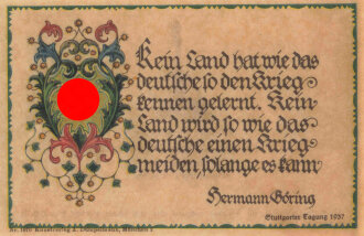 Lesezeichen mit Stuttgarter Tagungs Spruch von Herman Göring 1937, Maße 11,5 x 7,5 cm