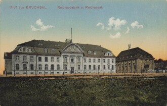 Ansichtskarte "Gruß aus Bruchsal -  Reichspostamt u. Reichsbank"