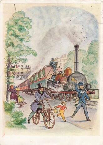 Ansichtskarte "Reisen zu Lande - einst und jetzt. Auf der ersten Eisenbahn"
