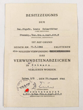Besitzzeugnis zum Verwundetenabzeichen schwarz,...