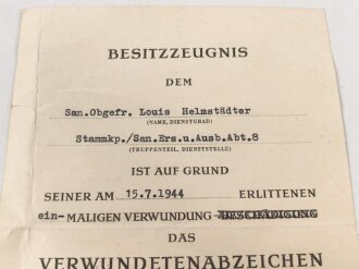 Besitzzeugnis zum Verwundetenabzeichen schwarz,...