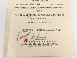 Besitzzeugnis zum Verwundetenabzeichen schwarz, Ausgestellt am 29.8.44