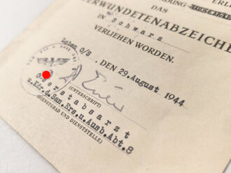 Besitzzeugnis zum Verwundetenabzeichen schwarz, Ausgestellt am 29.8.44
