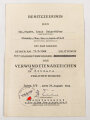 Besitzzeugnis zum Verwundetenabzeichen schwarz, Ausgestellt am 29.8.44
