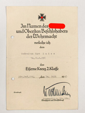 Kleine Urkundengruppe für einen Angehörigen im Grenadier Regiment 256