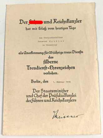 Verleihungsurkunde zum Treudienst Ehrenzeichen für...