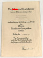 Verleihungsurkunde zum Treudienst Ehrenzeichen für 25 Jahre, ausgbestellt auf einen Oberpostschaffner in Winnweiler. DIN A4