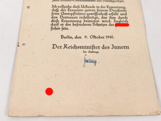 Schutzpolizei III.Reich, Bestallung zum Revier Oberleutnant, ausgestellt am 9.10.41.