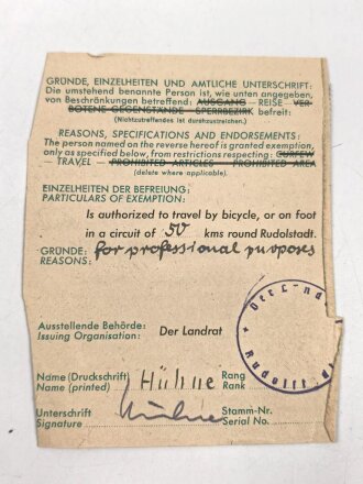 Wehrpaß für eine  Mann aus Rudolstadt, wenige Einträge