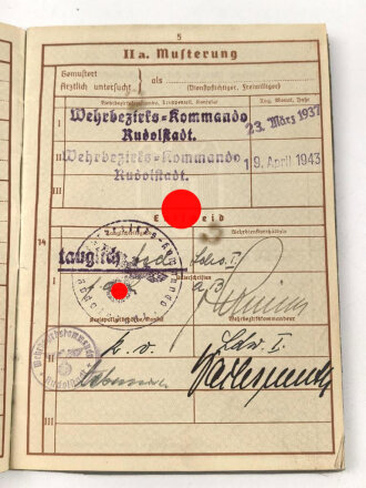 Wehrpaß für eine  Mann aus Rudolstadt, wenige Einträge