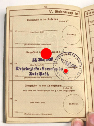 Wehrpaß für eine  Mann aus Rudolstadt, wenige Einträge