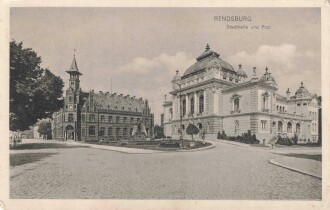 Ansichtskarte "Rendsburg - Stadhalle und Post"