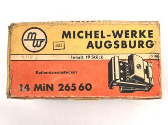 Me262, Waldwerk Kuno. 10 Stück Reihentrennstecker " 14 MIN 265 60" in originaler Umverpackung der " Michel-Werke Augsburg"