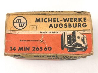 Me262, Waldwerk Kuno. 10 Stück Reihentrennstecker " 14 MIN 265 60" in originaler Umverpackung der " Michel-Werke Augsburg"