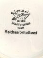 Reichsarbeitsdienst Heer, Kantinenporzellan Tassenunterteller, Hersteller Felda Rhön Stadtllengsfeld 1942, Durchmesser 14cm, gebraucht