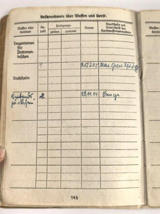 Soldbuch Kriegsmarine, ausgestellt am 6.12.1943. Ausgegebener Stahlhelm, Nachrichten Ersatz Abteilung 6, Flakausbildungskompanie Schillig, an 10.7.44 Unterseebootslehrdivision.