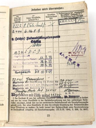 Soldbuch Kriegsmarine, ausgestellt am 6.12.1943. Ausgegebener Stahlhelm, Nachrichten Ersatz Abteilung 6, Flakausbildungskompanie Schillig, an 10.7.44 Unterseebootslehrdivision.