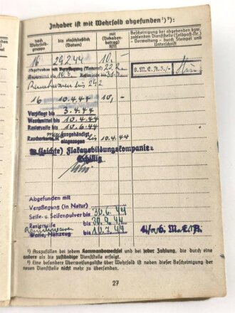 Soldbuch Kriegsmarine, ausgestellt am 6.12.1943. Ausgegebener Stahlhelm, Nachrichten Ersatz Abteilung 6, Flakausbildungskompanie Schillig, an 10.7.44 Unterseebootslehrdivision.