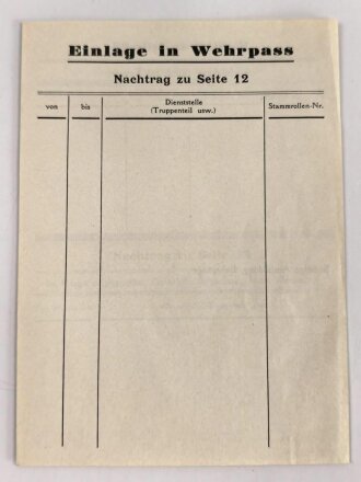 "Einlage in Wehrpaß" ungebraucht