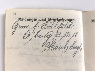 Bayern, Militärpaß eines Angehörigen im 17. Infanterie Regiment. Frankreichfeldzug, unter anderem Verdu, Höhe 344.  9.-14.10.16 Nahkampfmittelschule Lager Hammelburg.