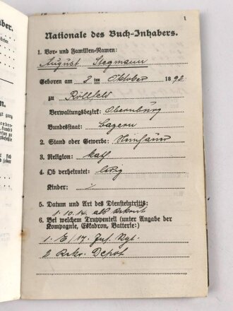 Bayern, Militärpaß eines Angehörigen im 17. Infanterie Regiment. Frankreichfeldzug, unter anderem Verdu, Höhe 344.  9.-14.10.16 Nahkampfmittelschule Lager Hammelburg.