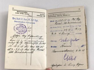 Bayern, Militärpaß eines Angehörigen im 17. Infanterie Regiment. Frankreichfeldzug, unter anderem Verdu, Höhe 344.  9.-14.10.16 Nahkampfmittelschule Lager Hammelburg.